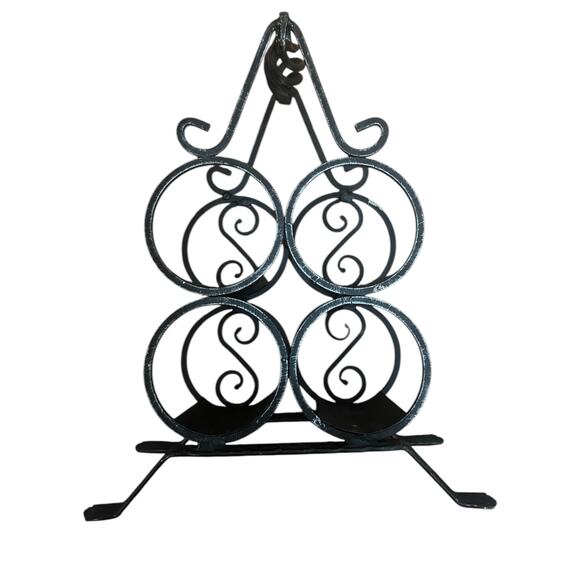 Wine Rack Country Farmhouse Wrought Iron Rustic Black Holds 4 Wine Bottles Heavy - Picture 1 of 5